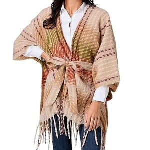 NWT Vince Camuto Fringe Belted Tie Waist Poncho Sweater Plaid Draped Cardigan OS